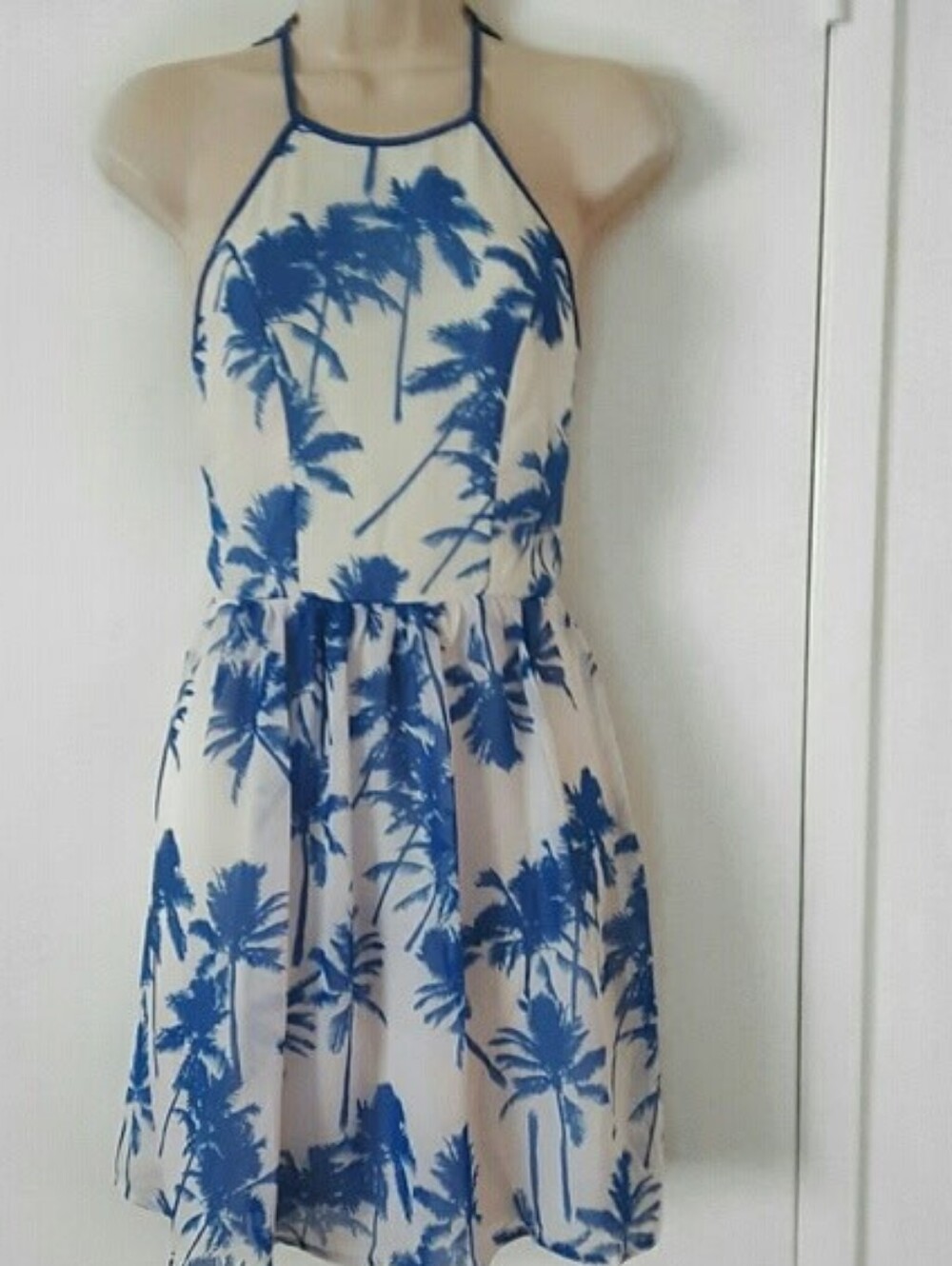 Charlotte Russe Sun Dress Sz M Blue White Palm Tree Spaghetti Strap